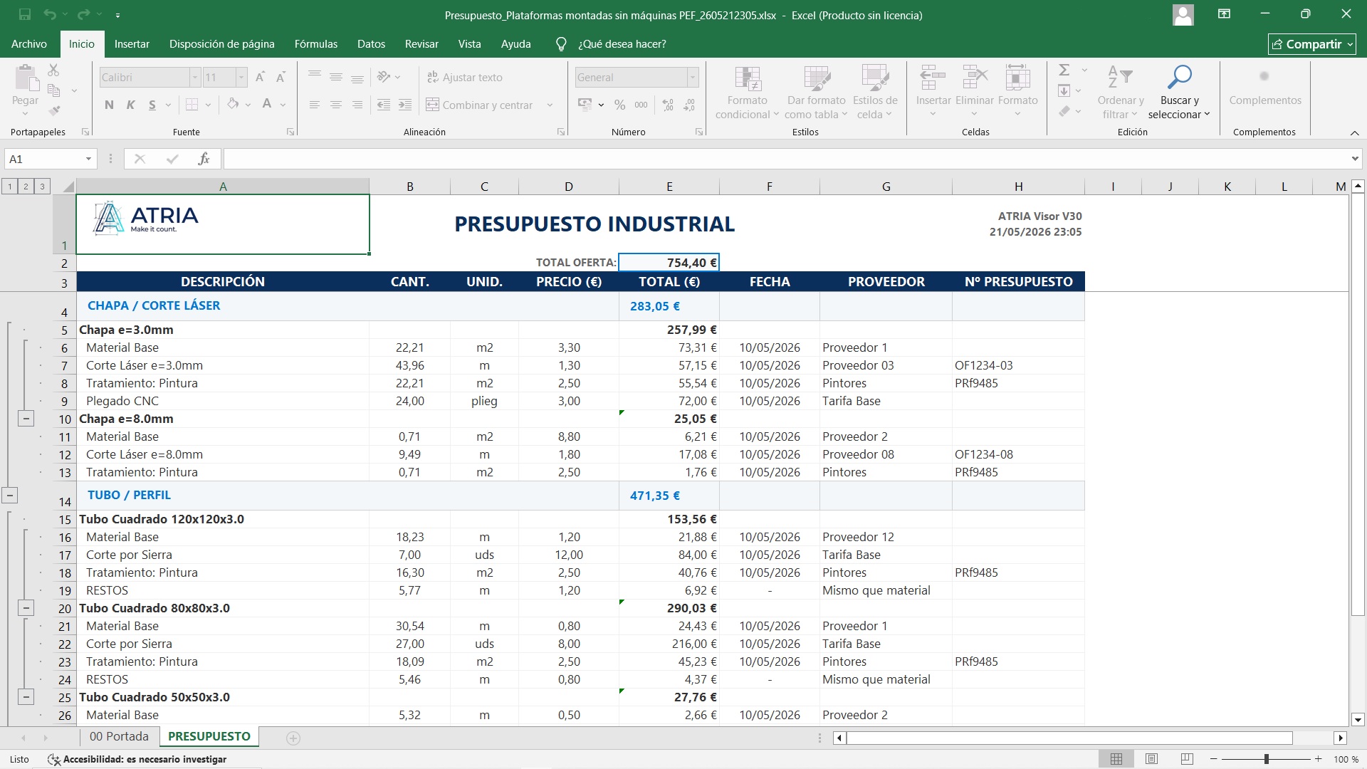 ATRIA — Exportación completa a Excel con fórmulas